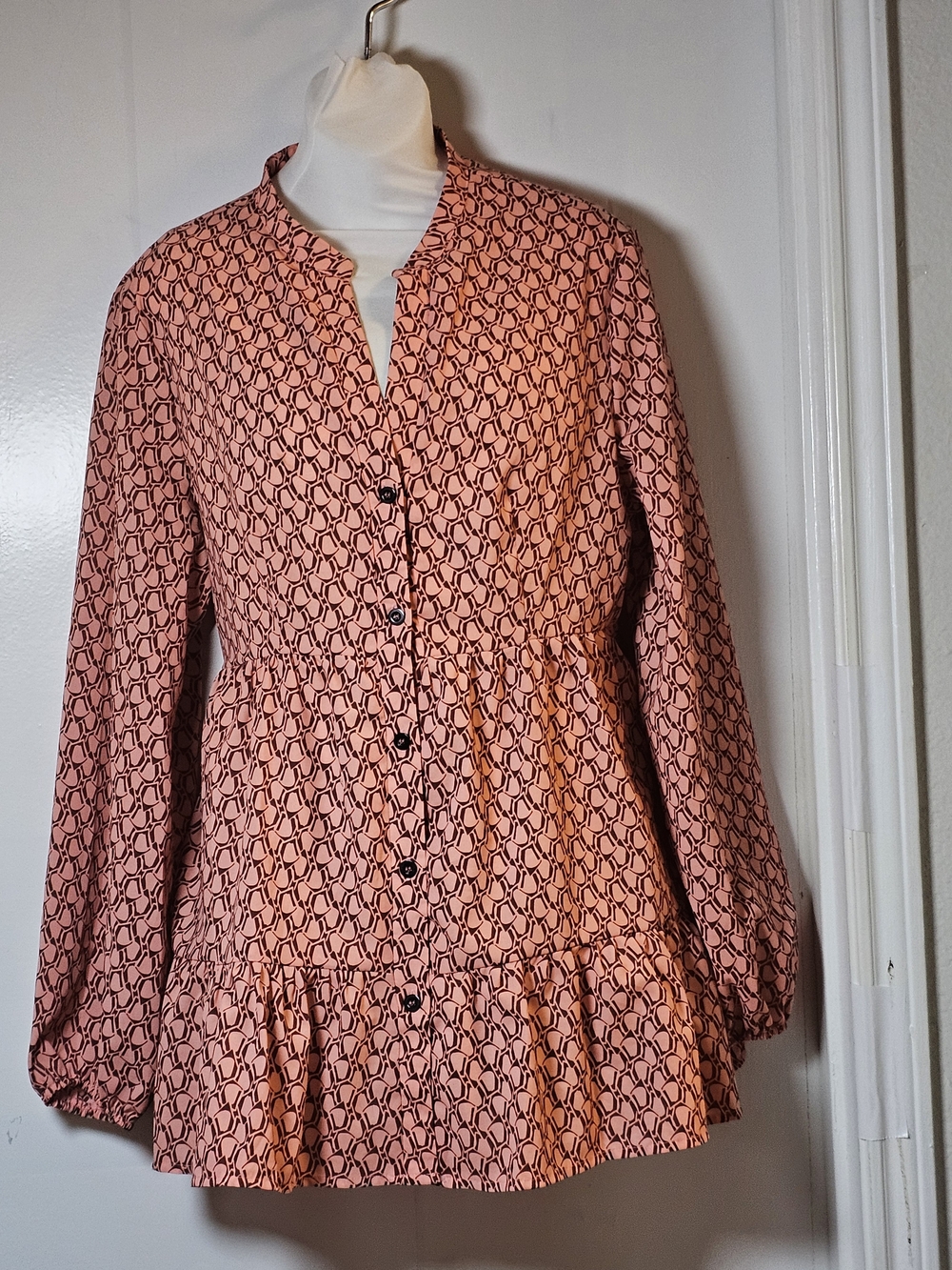 Shein Womens Size XL (12) Boho Office Pink Geo Print Peplum Tunic Blouse
